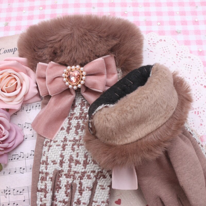 BEADS HAND-MADE SWEET LADY LITTLE FRAGRANCE TEMPERAMENT VELVET BOW DECORATION TERRY GIRLS FINGER GLOVES WINTER