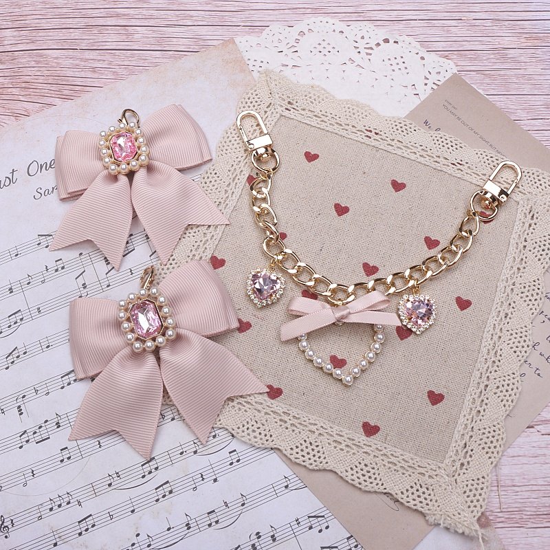 thumbnail for Beads hand-made pain bag accessories bow Japanese sweet lady pearl rhinestone love pendant bag accessories bag hanging
