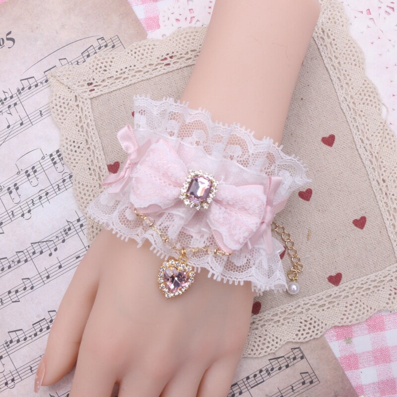 BEADS HANDMADE SWEET CUTE LACE RIBBON CHAIN RHINESTONE LOVE PENDANT SOFT GIRL BRACELET SLEEVE WOMAN