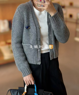 BREAD进口羊绒羊毛 外套女 25K秋冬别针刺绣V领宽松针织百搭开衫