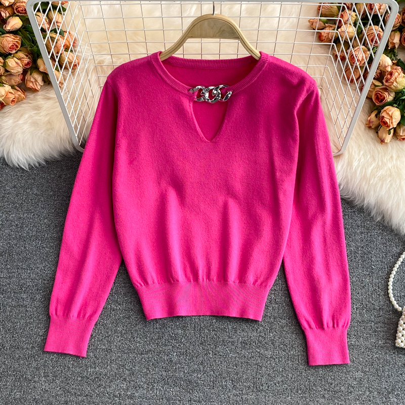 2021 autumn and winter Korean version new design sense chain slim knit sweater foreign style short long sleeve top