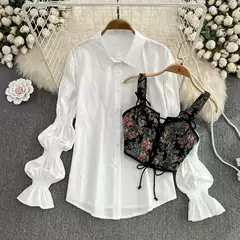 Spring and Autumn French-Style Loose Puff-Sleeve White Shirt Two-Piece Set with Jacquard Irregular Slit Tie-Up Camisole Vest