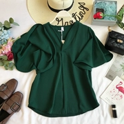 Mùa hè 2019 mới của phụ nữ áo voan ngắn tay nữ Han Fan hoang dã kèn tay áo rộng tay áo - Áo sơ mi