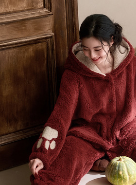 红色毛绒睡衣女秋冬加厚保暖连帽珊瑚绒半边绒宽松家居服套装外穿