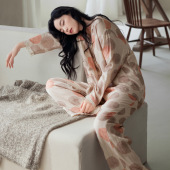 长袖 秋款 薄款 波点宽松休闲梭织棉家居服套装 时尚 天竹纱睡衣女秋季