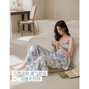 2026年睡衣女夏季新款带胸垫天竹纱国风吊带长裤可外穿性感家居服