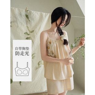夏季新款国风新中式女士睡衣山茶花吊带胸垫款短裤性感家居服套装