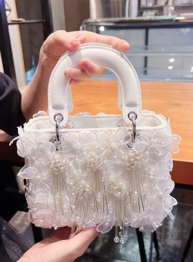 手提包女流苏花朵白色女包戴妃包