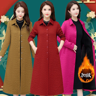 中老年女装棉衣加绒加厚长款过膝外套高个子妈妈冬装连帽棉袄大衣