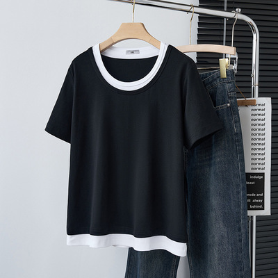 大码女装假两件拼接显瘦休闲T恤