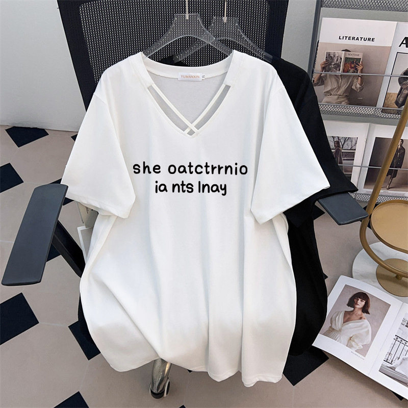 胸围170夏女装胖MM400斤350斤300V领大码短袖T恤遮肉显瘦宽松上衣