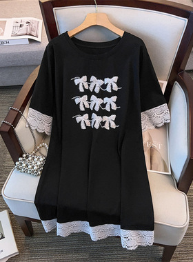 圆领新款加肥加大码显瘦宽松中长款短袖T恤女200/300/350斤1065