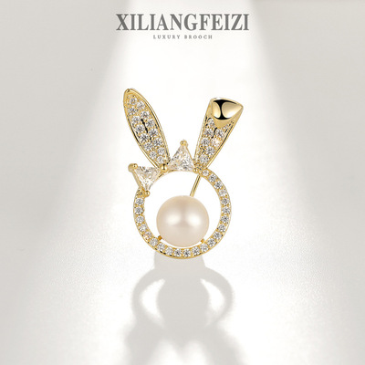 千族银 高档镂空兔子胸针天然淡水珍珠玛瑙胸花小清新配饰别针