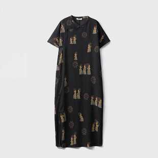 新中式旗袍绢纺香云纱100桑蚕丝仕女图短袖真丝中长连衣裙新款