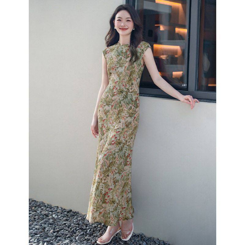 春夏曲线美感新中式改良旗袍单层桑蚕丝连衣裙女小碎花真丝鱼尾裙