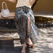 步履生香前开叉苎麻半身裙印花A字大摆碎花长裙子2025夏女装 新品