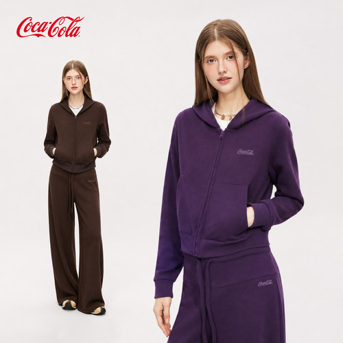 Coca-Cola/可口可乐秋冬绒感卫衣套装女休闲纯色帽衫拉链开衫外套