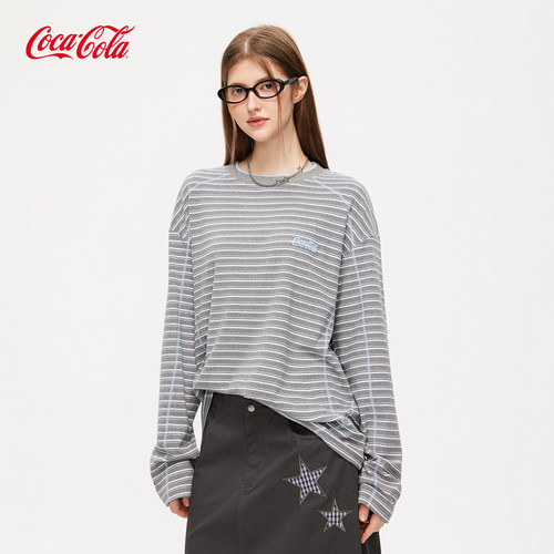 Coca-Cola/可口可乐秋冬条纹长袖T恤女哈苏线撞色男宽松打底上衣