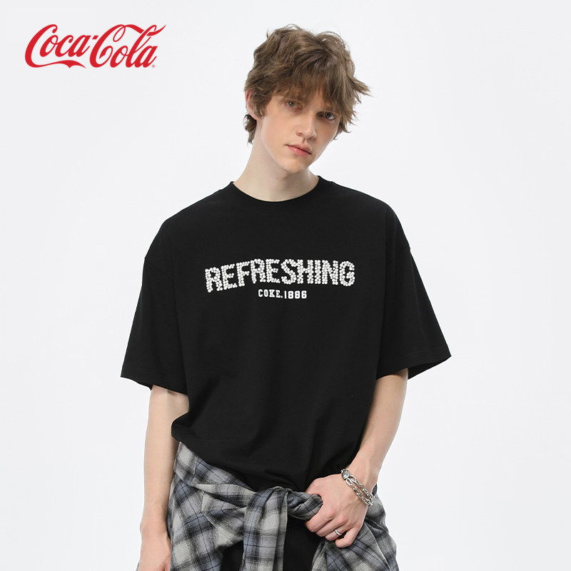 Coca-Cola可口可乐黑色短袖T恤男女同款美式潮牌字母印花