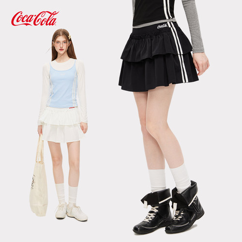 Coca-Cola/可口可乐双层蛋糕裙女A字松紧腰百搭黑色蓬蓬裙半身裙