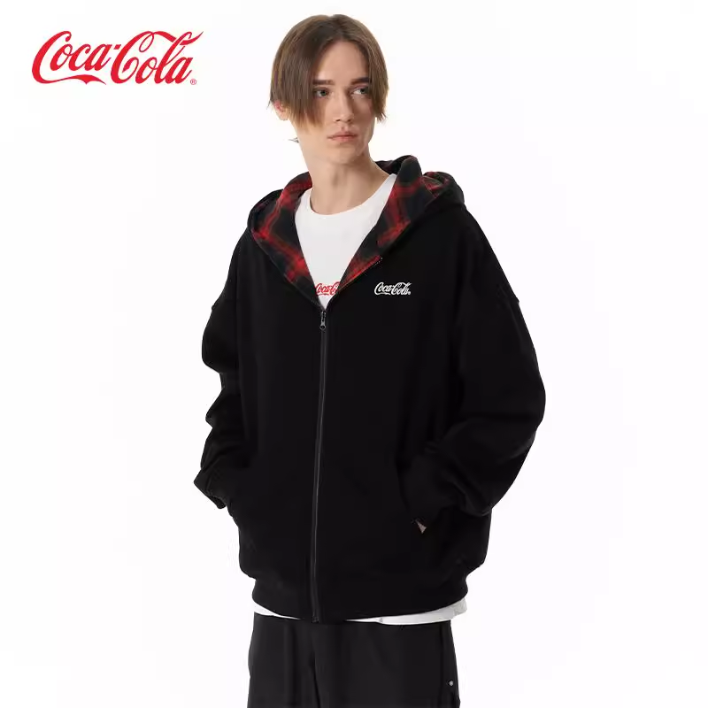 可口可乐复古格纹双面穿开衫卫衣
