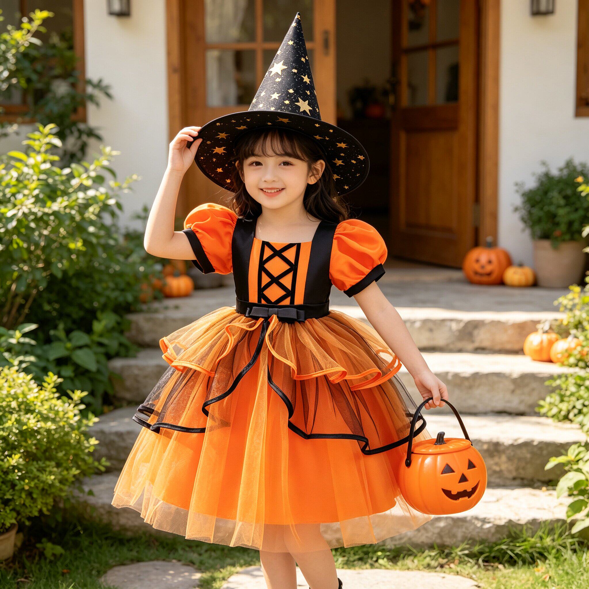 万圣节儿童服装中小女童halloween派对礼服女孩cos南瓜公主连衣裙