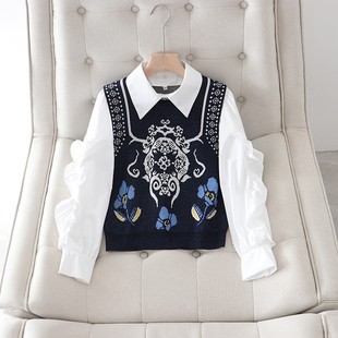 女 气质宽松显瘦提花拼接假两件毛针织衫 质感chao好 2023春秋新款