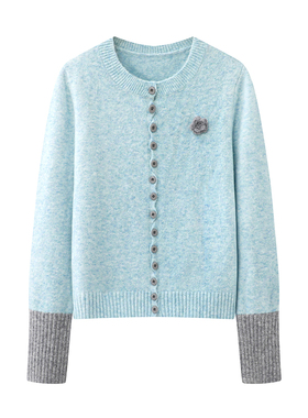 彩系の2025秋冬新款时尚百搭撞色圆领气质显瘦休闲花朵针织开衫女