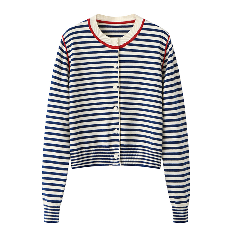 阔系の2025秋季新款复古撞色圆领蓝色条纹毛衣长袖针织开衫上衣女