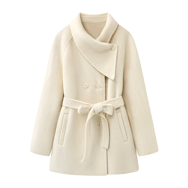 影系の双面呢羊毛大衣女2025冬季新款椰香奶糖围巾领中长毛呢外套