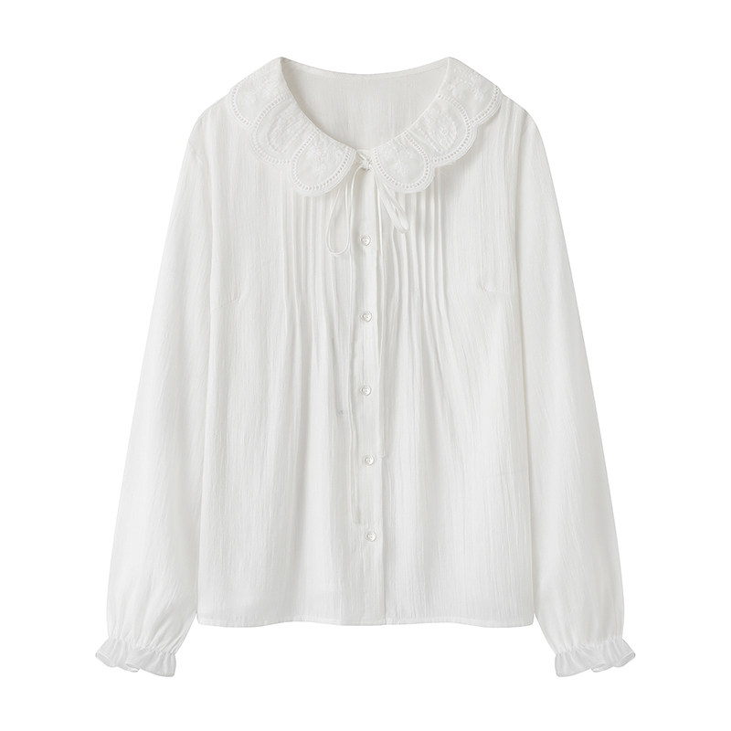 柜369+の2025秋新款时尚百搭镂空娃娃领系带花瓣袖白色长袖衬衫女