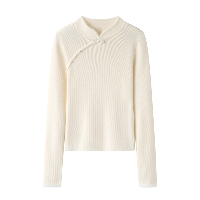 影系の新中式国风针织衫女2025冬新款立领盘扣白色打底衫内搭上衣