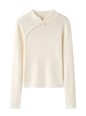 影系の新中式国风针织衫女2025冬新款立领盘扣白色打底衫内搭上衣