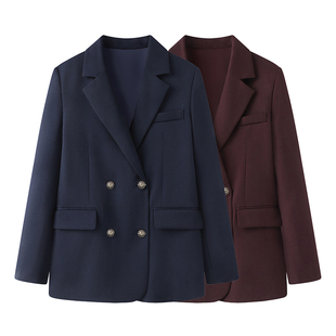 外套女 百搭气质显瘦学院风藏青色双排扣西装 柜609 2025春秋时尚