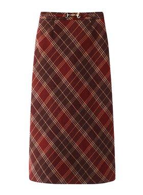 影系~圣诞新年红色穿搭格子半身裙女2024新款中长款高腰显瘦a字裙