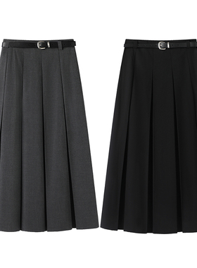 伊系の配腰带！2025秋季时尚百搭高腰显瘦中长款A字百褶半身裙女