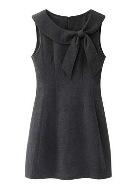 阔系の法式收腰显瘦背心连衣裙女2025秋冬季新款深灰色蝴蝶结长裙