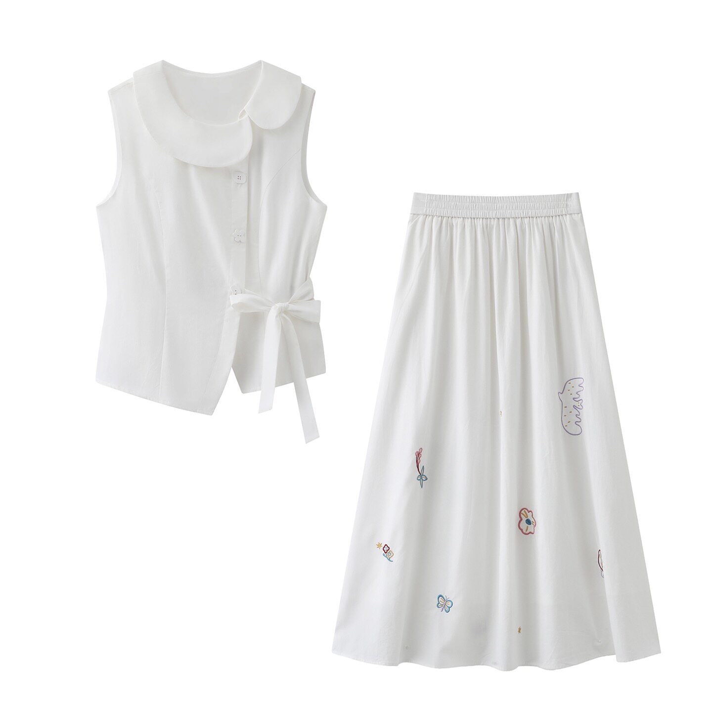 阔系の时尚百搭收腰显瘦无袖上衣+高腰显瘦印花中长款半身裙套装