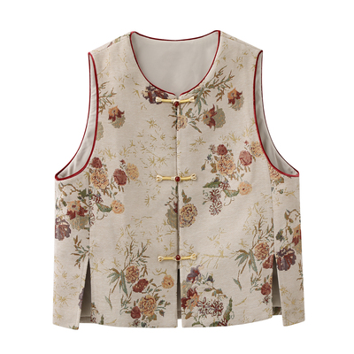 彩系の2026春季新款时尚百搭宽松显瘦新中式雪尼尔提花马甲外套女