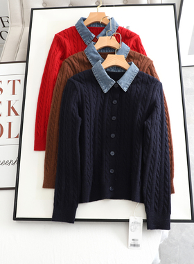 伊系の2025冬新款小众设计撞色翻领绞花设计气质显瘦针织开衫毛衣