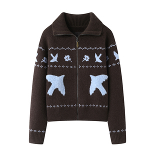 宽松慵懒风针织衫 外套女2025秋冬新款 棕色提花拉链毛衣开衫 茵