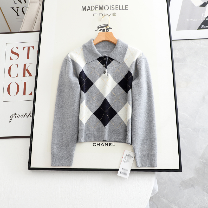 伊系の含羊毛！时尚百搭圆领复古撞色菱形格针织衫女2025秋冬新款