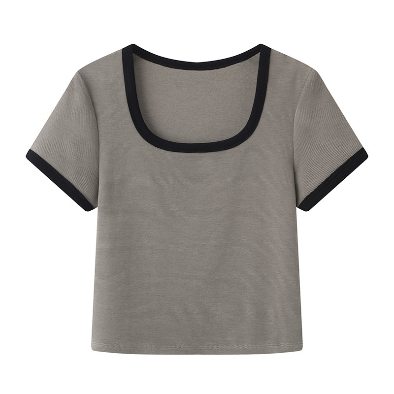彩系の2025夏新款时尚百搭小个子撞色修身显瘦方领正肩短袖T恤女