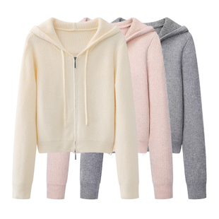 彩系の连帽双拉链针织开衫女2025冬季新款小个子短款软糯毛衣外套
