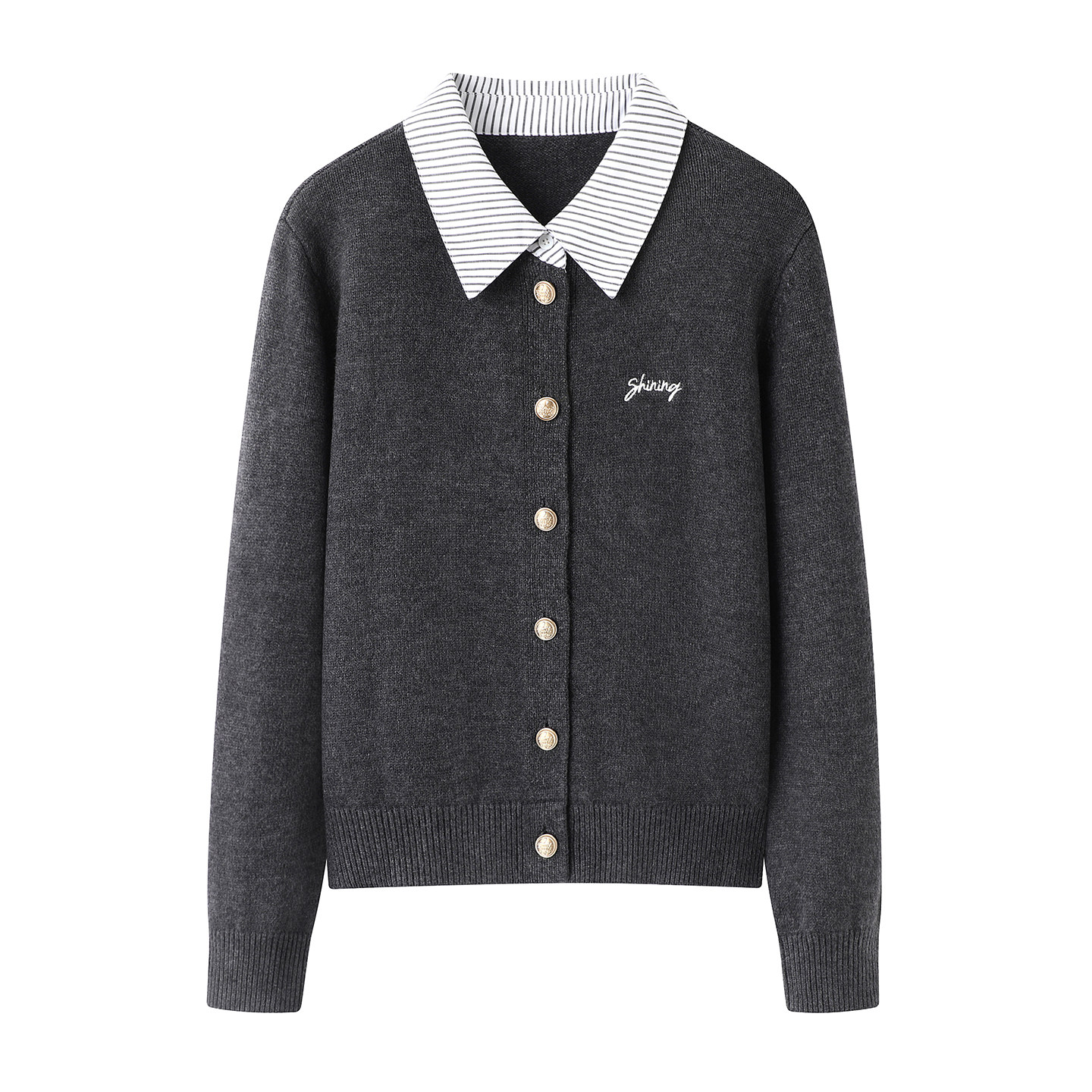 彩系の2025秋冬新款时尚百搭气质显瘦条纹翻领刺绣假两件针织衫女