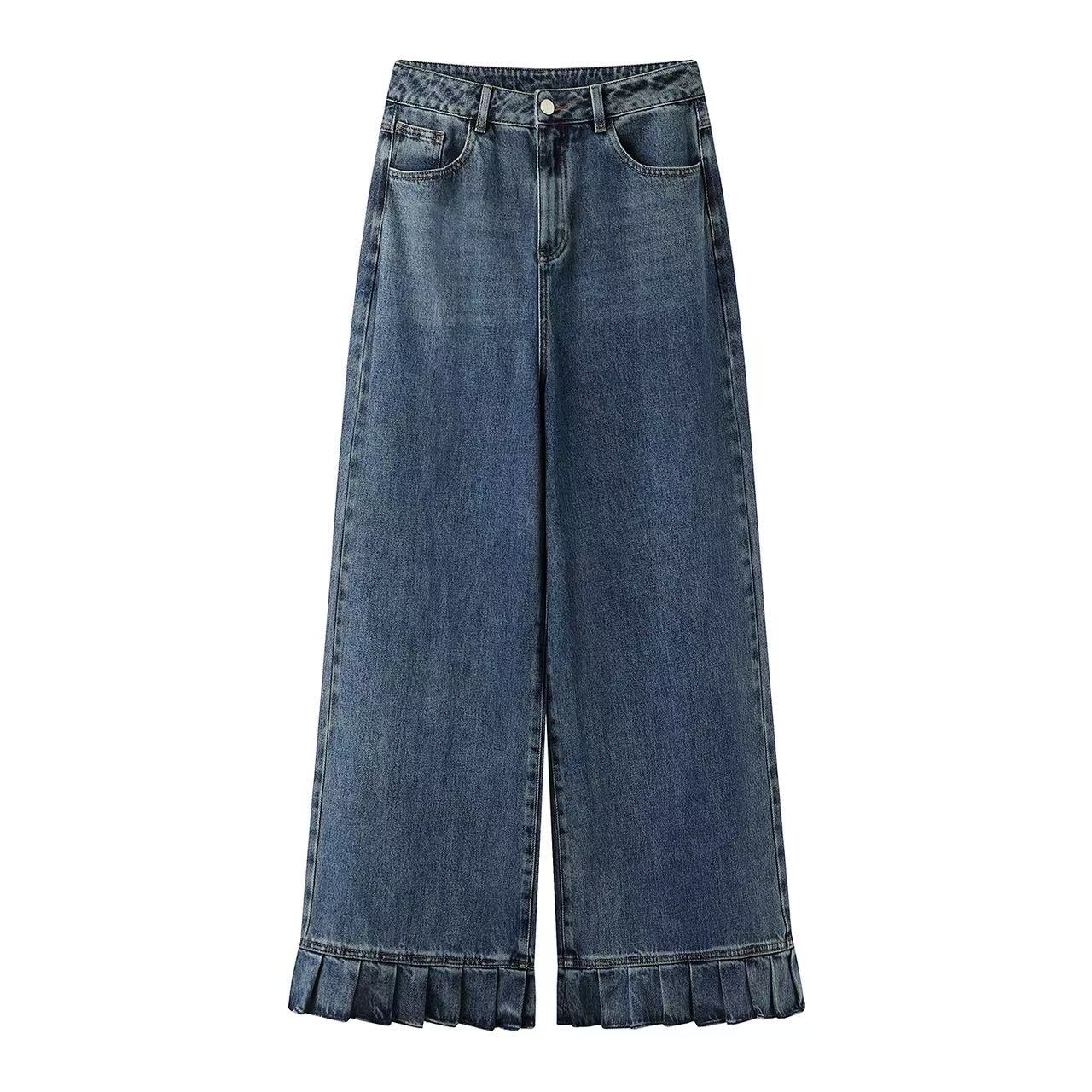 阔系の荷叶边设计感拖地牛仔裤女2025秋新款蓝色直筒宽松阔腿长裤