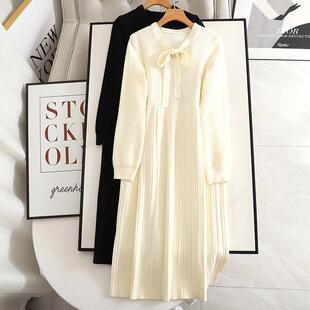 穿搭高腰a字长裙 针织毛衣连衣裙女2024秋冬新款 阔系 米白色长袖