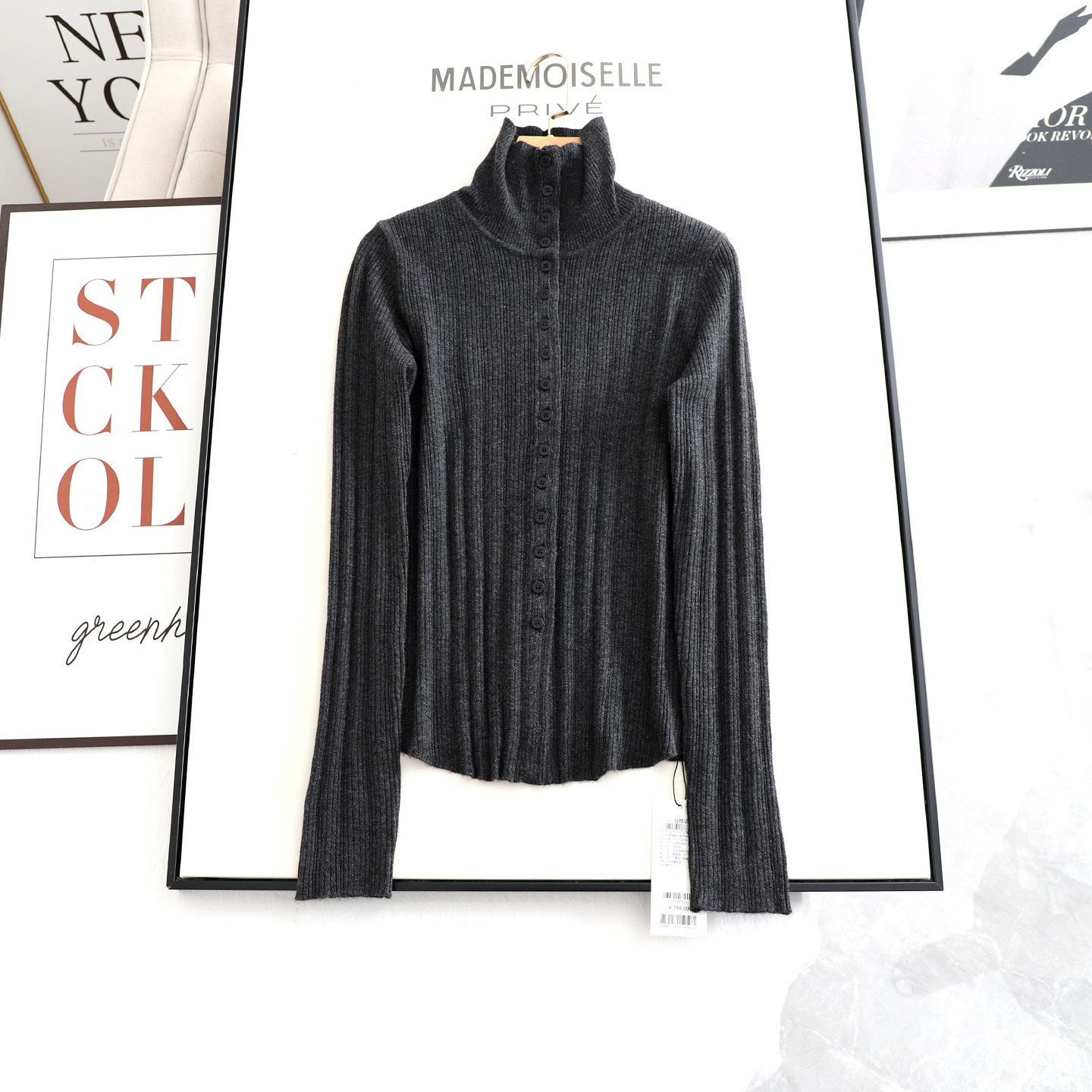 麦系の2025秋冬新款百搭气质简约翻领可立领深灰色针织开衫毛衣女