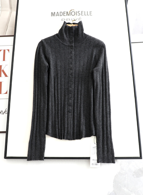 麦系の2025秋冬新款百搭气质简约翻领可立领深灰色针织开衫毛衣女