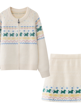 阔系の费尔岛提花拉链毛衣短外套+高腰显瘦休闲直筒半身裙套装女